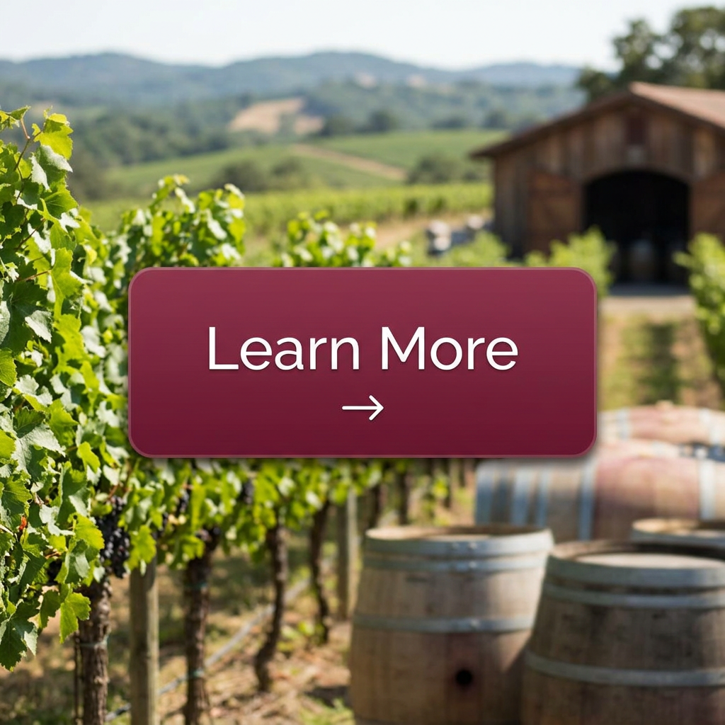 Learn More button over vineyard rows with barrels and barn